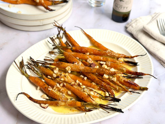 Recipe | Honey & thyme roasted carrots with hazelnut EVOO mayo dressing