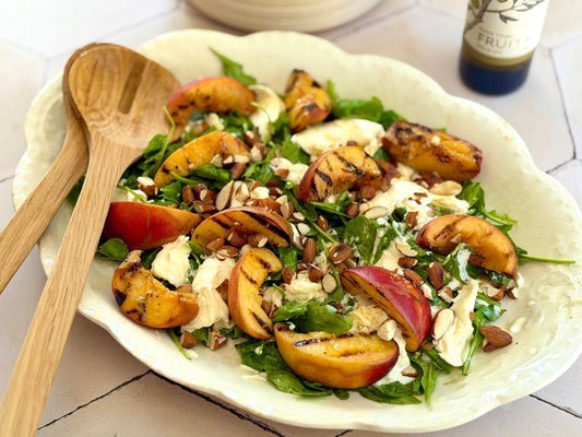 Recipe | Griddled Peaches with Fruity EVOO Dressed Rocket, Burrata & Toasted Almonds