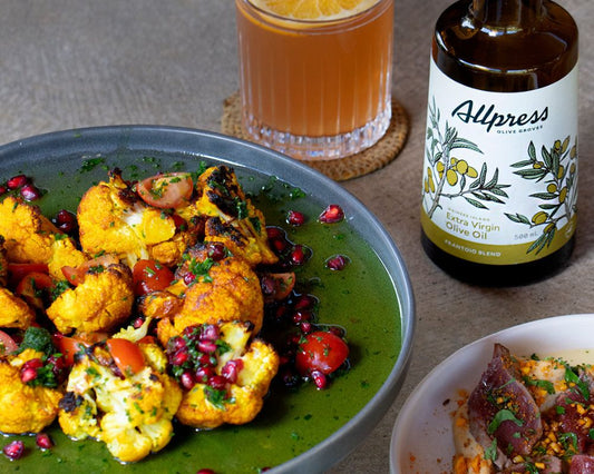 Recipe | Turmeric roasted cauliflower, tomato & pomegranate salsa with salsa verde