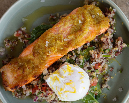 Quinoa tabbouleh with roasted salmon, poached egg & spinach