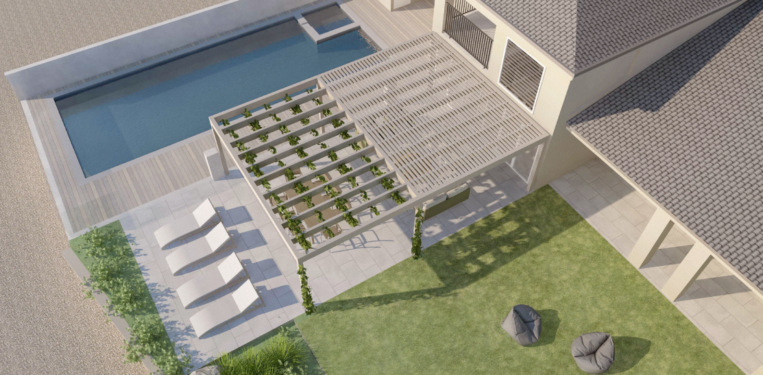 Luxury stays Waiheke Island, Allpress Olive Groves luxury stays on Waiheke Island. Aerial view of a modern house with a pool and outdoor seating area.
